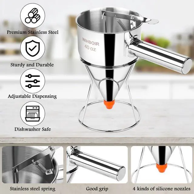 Alt view image 4 of 6 - 40oz Stainless Steel Pancake Batter Dispenser Multi-Nozzle, Funnel Tool