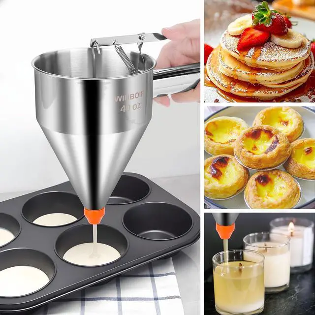 Alt view image 5 of 6 - 40oz Stainless Steel Pancake Batter Dispenser Multi-Nozzle, Funnel Tool