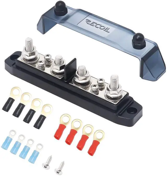Main image of BBPG4 Bus Bar Positive and Negative 4 x 5/16(M8) Studs and 4 x #8 Screw Terminals Power Distribution Block Busbar with Ring Terminals 150 Amp Rating