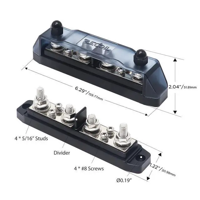 Alt view image 5 of 5 - BBPG4 Bus Bar Positive and Negative 4 x 5/16(M8) Studs and 4 x #8 Screw Terminals Power Distribution Block Busbar with Ring Terminals 150 Amp Rating