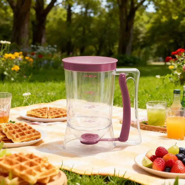 Alt view image 2 of 7 - Pancake Batter Dispenser - Cookie Cupcake Cupcakes Waffle Waffles Separator Tool with Squeeze Handle, Easy Pour & Measuring Label for Griddle, Baking Supplies, Crepe & Cake Muffin Mix, Purple