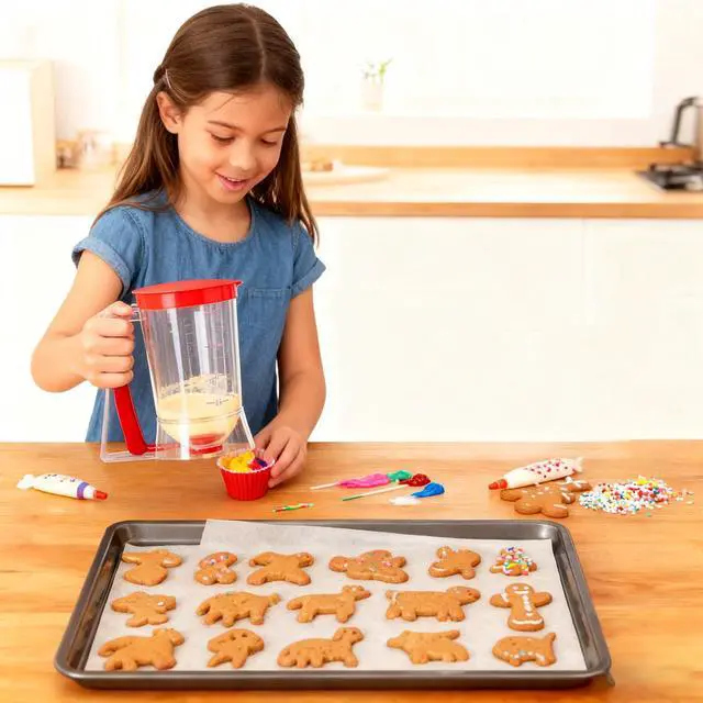 Alt view image 3 of 7 - Pancake Batter Dispenser - Cookie Cupcake Cupcakes Waffle Waffles Separator Tool with Squeeze Handle, Easy Pour & Measuring Label for Griddle, Baking Supplies, Crepe & Cake Muffin Mix, Purple