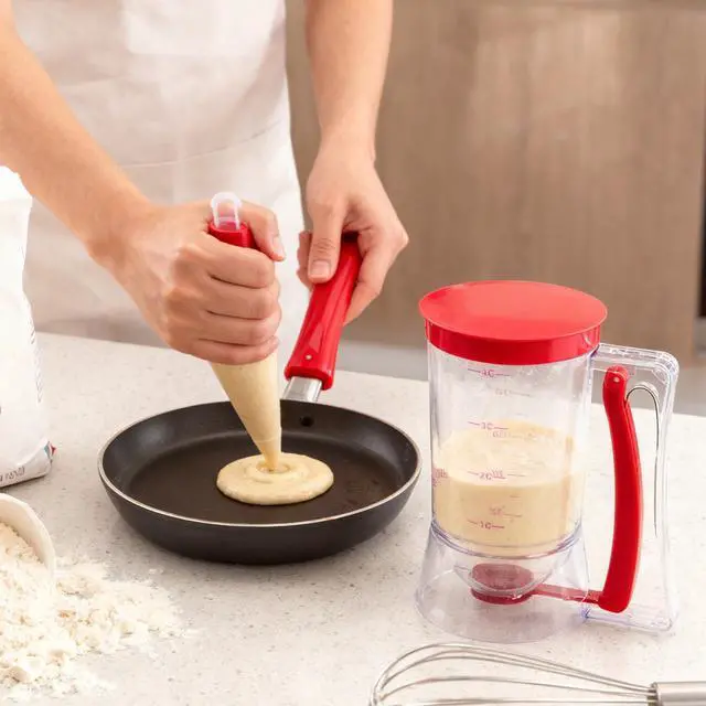 Alt view image 5 of 7 - Pancake Batter Dispenser - Cookie Cupcake Cupcakes Waffle Waffles Separator Tool with Squeeze Handle, Easy Pour & Measuring Label for Griddle, Baking Supplies, Crepe & Cake Muffin Mix, Purple