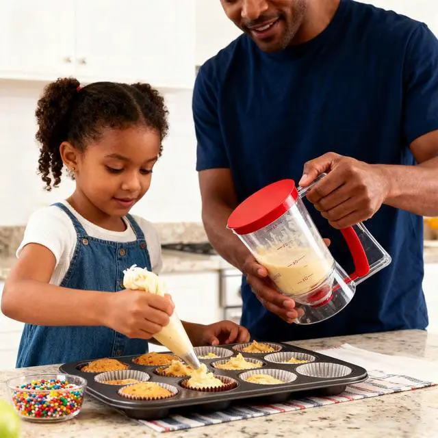 Alt view image 4 of 7 - Pancake Batter Dispenser - Cookie Cupcake Cupcakes Waffle Waffles Separator Tool with Squeeze Handle, Easy Pour & Measuring Label for Griddle, Baking Supplies, Crepe & Cake Muffin Mix, Purple