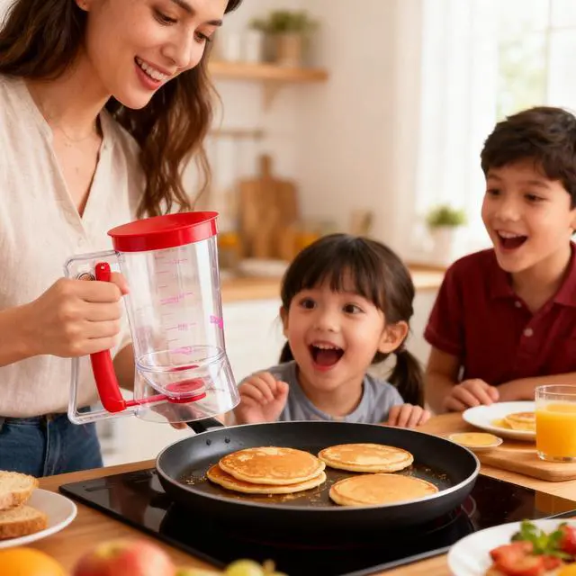 Alt view image 6 of 7 - Pancake Batter Dispenser - Cookie Cupcake Cupcakes Waffle Waffles Separator Tool with Squeeze Handle, Easy Pour & Measuring Label for Griddle, Baking Supplies, Crepe & Cake Muffin Mix, Purple