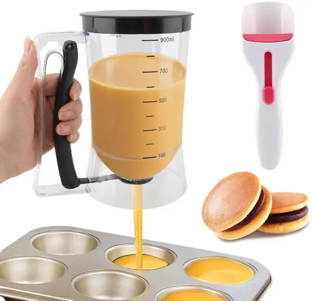 Main image of 4 Cup Pancake Batter Dispenser with Cupcake Scoop Batters Dispenser,Pancake Waffl Mix Dispenser with Squeeze Handle & Measuring Marks,for Cupcake,Muffins, Crepes & Cupcakes(black)