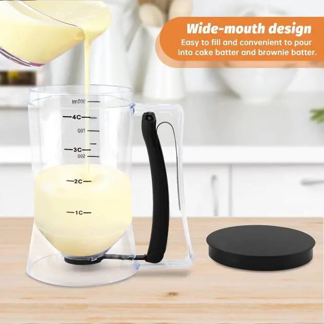 Alt view image 5 of 7 - 4 Cup Pancake Batter Dispenser with Cupcake Scoop Batters Dispenser,Pancake Waffl Mix Dispenser with Squeeze Handle & Measuring Marks,for Cupcake,Muffins, Crepes & Cupcakes(black)