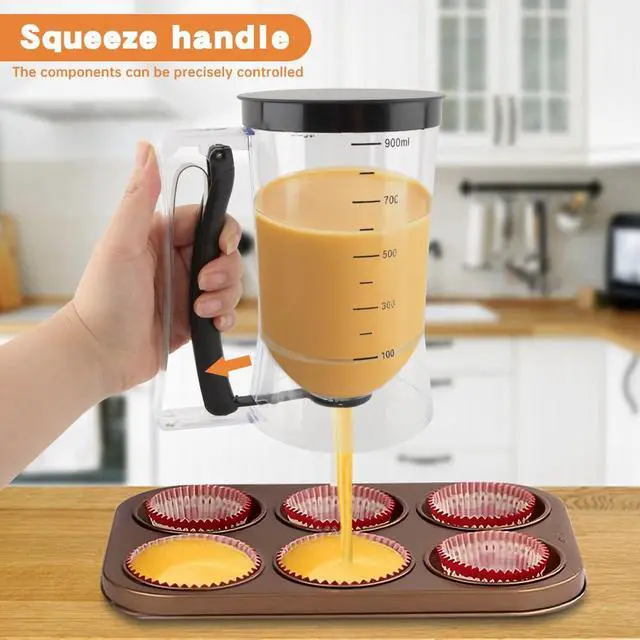 Alt view image 4 of 7 - 4 Cup Pancake Batter Dispenser with Cupcake Scoop Batters Dispenser,Pancake Waffl Mix Dispenser with Squeeze Handle & Measuring Marks,for Cupcake,Muffins, Crepes & Cupcakes(black)