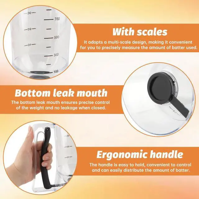 Alt view image 6 of 7 - 4 Cup Pancake Batter Dispenser with Cupcake Scoop Batters Dispenser,Pancake Waffl Mix Dispenser with Squeeze Handle & Measuring Marks,for Cupcake,Muffins, Crepes & Cupcakes(black)