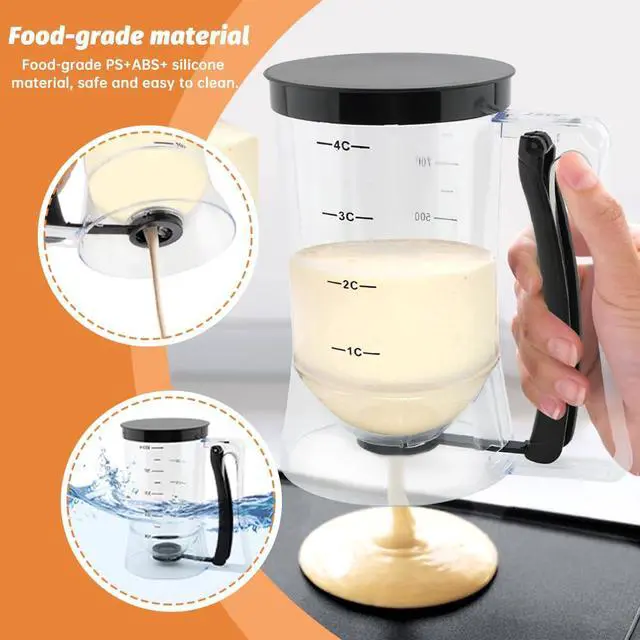 Alt view image 7 of 7 - 4 Cup Pancake Batter Dispenser with Cupcake Scoop Batters Dispenser,Pancake Waffl Mix Dispenser with Squeeze Handle & Measuring Marks,for Cupcake,Muffins, Crepes & Cupcakes(black)