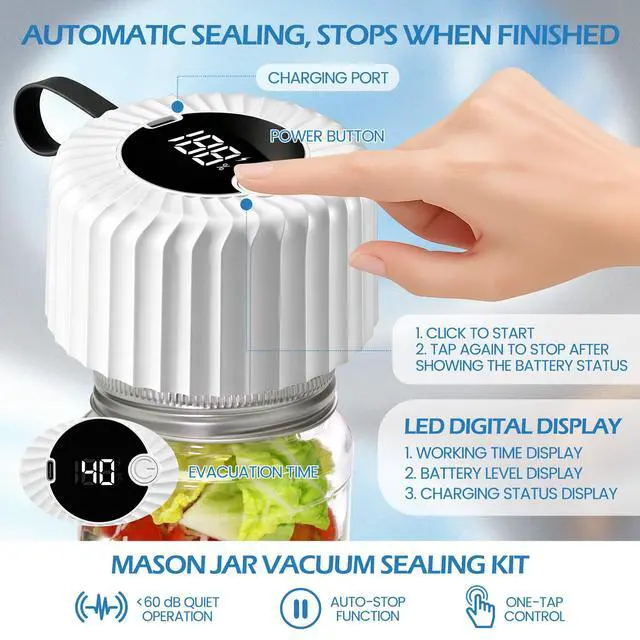 Alt view image 4 of 7 - 2026 Upgraded Electric Mason Jar Vacuum Sealer Kit, One Touch Electric Vacuum Sealer for Wide and Regular Mouth Mason Jars, Portable Vacuum Sealing Machine for Canning Jars Food Storage, White