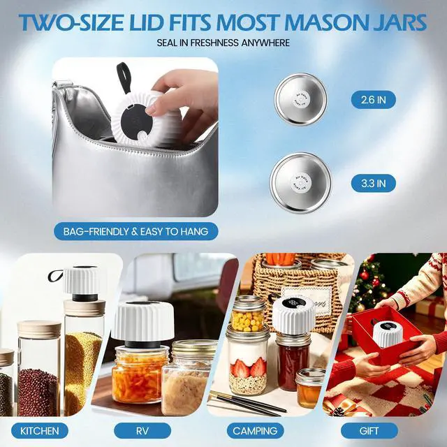 Alt view image 7 of 7 - 2026 Upgraded Electric Mason Jar Vacuum Sealer Kit, One Touch Electric Vacuum Sealer for Wide and Regular Mouth Mason Jars, Portable Vacuum Sealing Machine for Canning Jars Food Storage, White