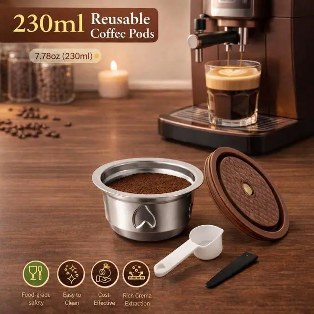 Alt view image 2 of 7 - Refillable Coffee Capsule: Compatible with Nespresso VERTUO Coffee Capsules, Stainless Steel 230ml Capacity Reusable Coffee Filter Pod Kit for Home, Office