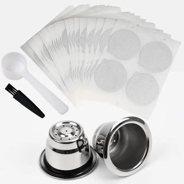 Main image of Reusable Espresso Capsules Refillable Coffee Pods Stainless Steel Cups Filters Compatible for Nespresso Original Line Machines with Aluminum Foil Seals Stickers Lids (2 Cups+100 Lids)