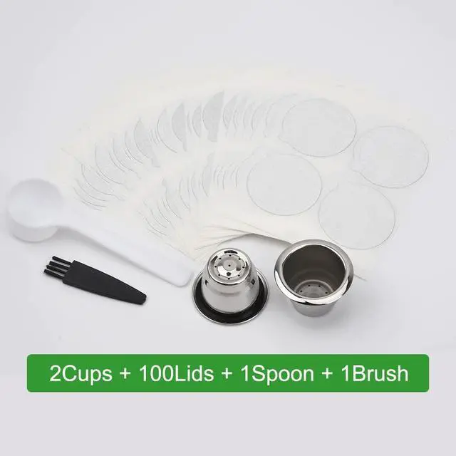Alt view image 2 of 7 - Reusable Espresso Capsules Refillable Coffee Pods Stainless Steel Cups Filters Compatible for Nespresso Original Line Machines with Aluminum Foil Seals Stickers Lids (2 Cups+100 Lids)