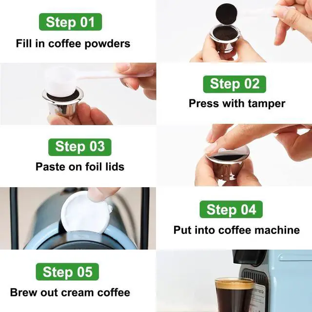 Alt view image 5 of 7 - Reusable Espresso Capsules Refillable Coffee Pods Stainless Steel Cups Filters Compatible for Nespresso Original Line Machines with Aluminum Foil Seals Stickers Lids (2 Cups+100 Lids)
