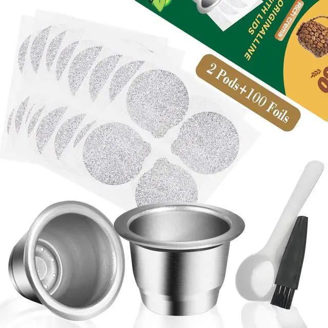 Alt view image 2 of 6 - Reusable Capsules for Nespresso OriginalLine, Refillable Coffee Pods Stainless Steel Cups Compatible with Nespresso OriginalLine Brewer(2 Pods+100 Lids)