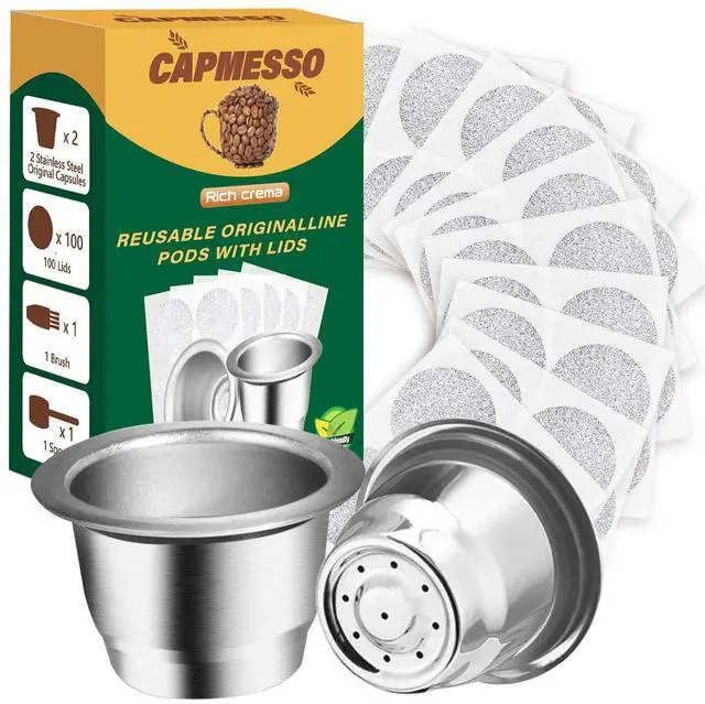 Main image of Reusable Capsules for Nespresso OriginalLine, Refillable Coffee Pods Stainless Steel Cups Compatible with Nespresso OriginalLine Brewer(2 Pods+100 Lids)