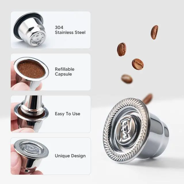 Alt view image 6 of 7 - Reusable Coffee Capsules Compatible with Nespresso Originalines, Stainless Steel Refillable Coffee Pods, Metal Refillable Espresso Capsule(1 Pod+ Tamper+ Stainless Steel Spoon)