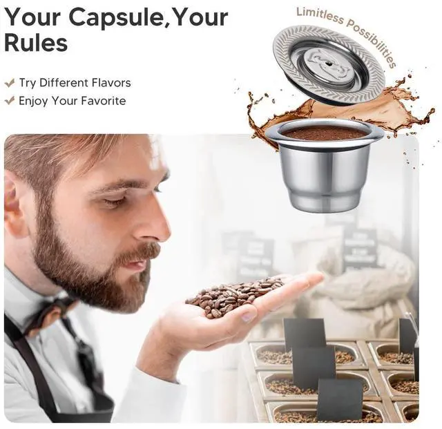 Alt view image 4 of 7 - Stainless Steel Refillable Coffee Espresso Capsules, Reusable Coffee Pods Compatible with Ne-spresso Original Line Brewers New Generation (Capsules + Tamper)