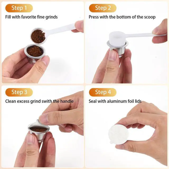 Alt view image 4 of 7 - Reusable Capsules for Nespresso OriginalLine - 6pcs Espresso Refillable Pods Stainless Steel Coffee Pods Compatible for Nespresso Originaline Machine(6 Pods+200pcs Lids)
