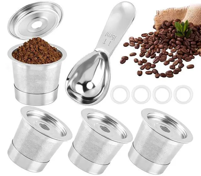 Main image of 4-Pack Reusable Coffee Pods & Capsules for Ninja Coffee Maker CFP101 & PB051, 304 Stainless Steel Filters with Measuring Spoon & Rubber Seals for Ninja Accessories
