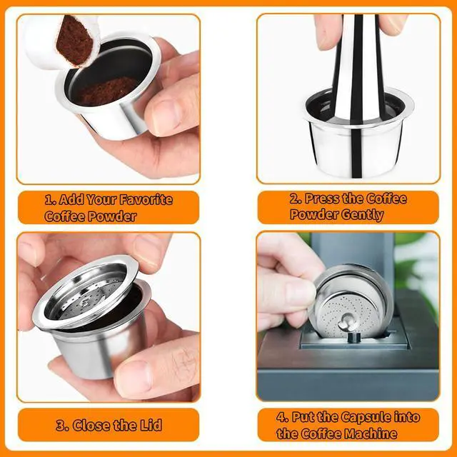 Alt view image 4 of 7 - Stainless Steel Coffee Capsules, Reusable Espresso Capsules for K Fee Pods Refillable Coffee Capsule Filter with 1 Spoon and 1 Brush