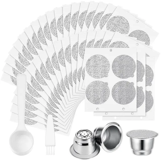 Main image of 300 Pcs Reusable Espresso Capsules 2 Refillable Coffee Pods Stainless Steel Cups Filters Compatible with Nespresso Original Line Machines with Aluminum Foil Seals Stickers Lids