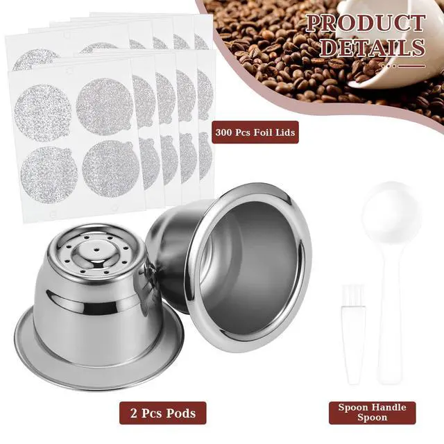 Alt view image 3 of 6 - 300 Pcs Reusable Espresso Capsules 2 Refillable Coffee Pods Stainless Steel Cups Filters Compatible with Nespresso Original Line Machines with Aluminum Foil Seals Stickers Lids