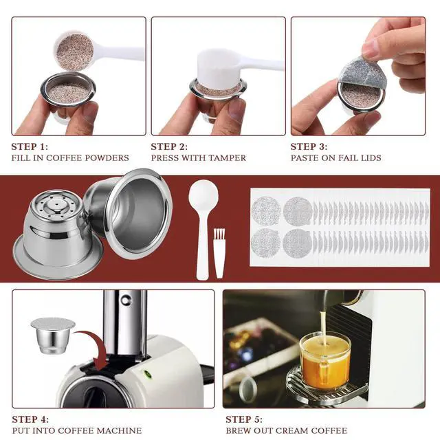 Alt view image 4 of 6 - 300 Pcs Reusable Espresso Capsules 2 Refillable Coffee Pods Stainless Steel Cups Filters Compatible with Nespresso Original Line Machines with Aluminum Foil Seals Stickers Lids
