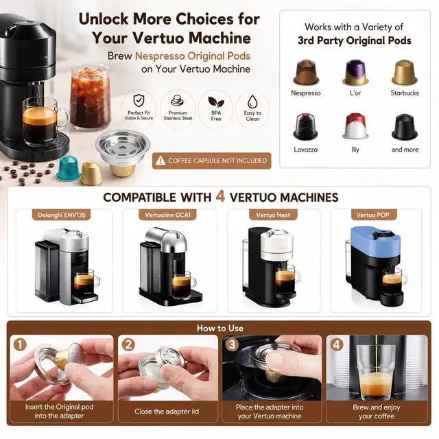 Alt view image 3 of 7 - Reusable Coffee Pod Converter Need to Use with Oringal Capsule(NOT Including),Stainless Steel Coffee Capsule Adapter Compatible with De'Longhi ENV135 Vertuoline GCA1,Vertuo Next Vertuo Pop 40ml/1.35oz