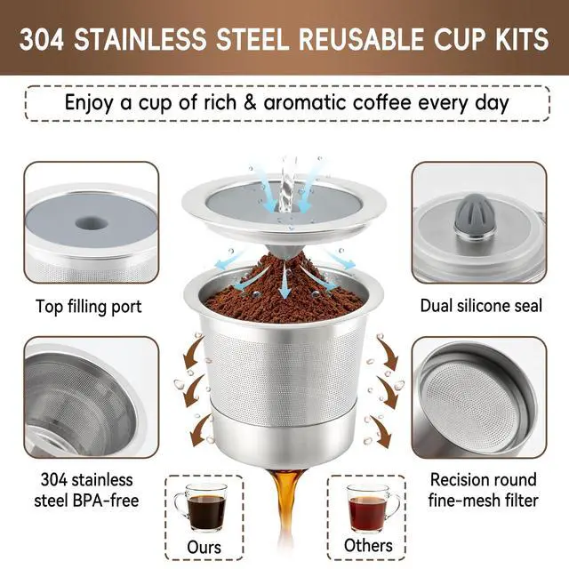 Alt view image 3 of 7 - 4 Pack Reusable K Cups for Keurig: Stainless Steel K Cup Coffee Pods Compatible with Keurig 1.0 & 2.0 Coffee Makers Machine Refillable Coffee Filters,Leak Proof & Easy Rinse