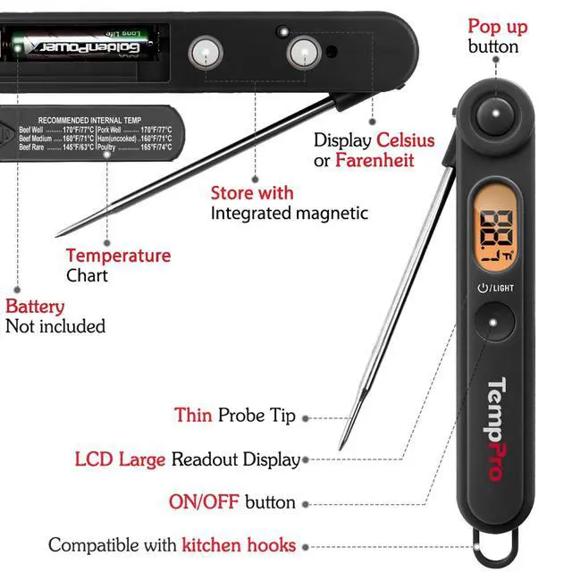 Alt view image 4 of 7 - Digital Meat Thermometer with Temperature Indicator, Instant Read Food Thermometer with Pop-up Meat Probe and Backlight for Oil Deep Fry Smoker BBQ Grill Kitchen Candy (Previously ThermoPro)