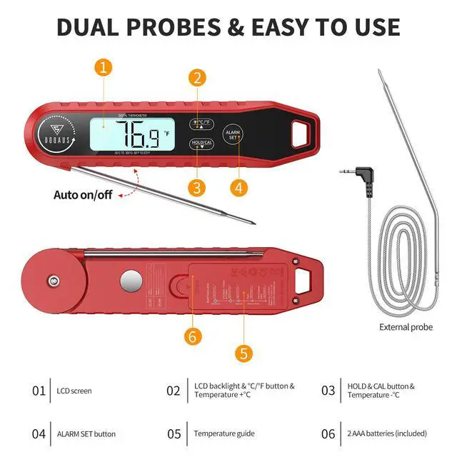 Alt view image 7 of 7 - Meat Thermometer Digital with Dual Probe, Instant Read Food Thermometer for Cooking with Backlight and Alarm, 3s Fast Response, 40-inch Long Wired Probe for Oven BBQ Grill Smoker Candy