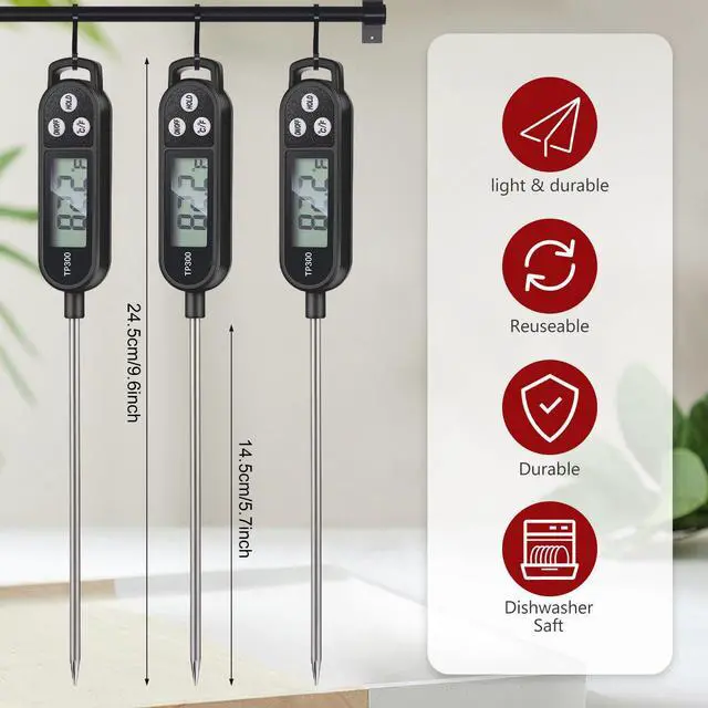 Alt view image 2 of 7 - 6 Pcs Instant Read Meat Thermometer with Long Probe 9.65 Inch Kitchen Cooking Food Candy Waterproof Digital Thermometer for BBQ Water Milk Yogurt Liquid Cooking(Black)