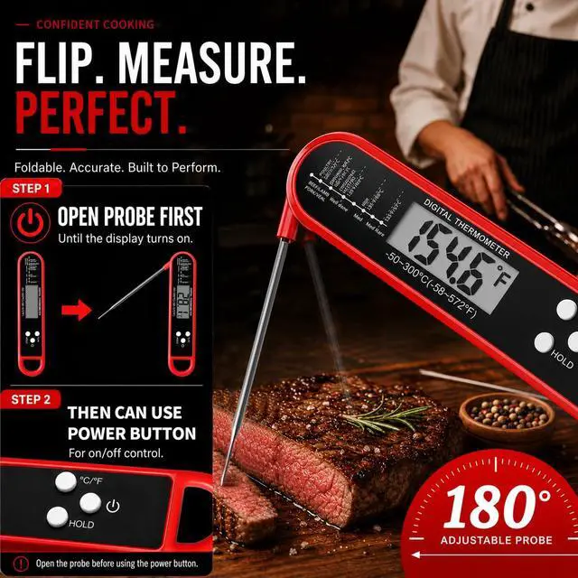 Alt view image 3 of 7 - Digital Meat Thermometer for Cooking and Grilling - Instant Read Food Thermometer with IP67 Waterproof, Strong Magnet and Calibration-Professional Kitchen BBQ Probe for Turkey, Steak, Men/Dad Gift