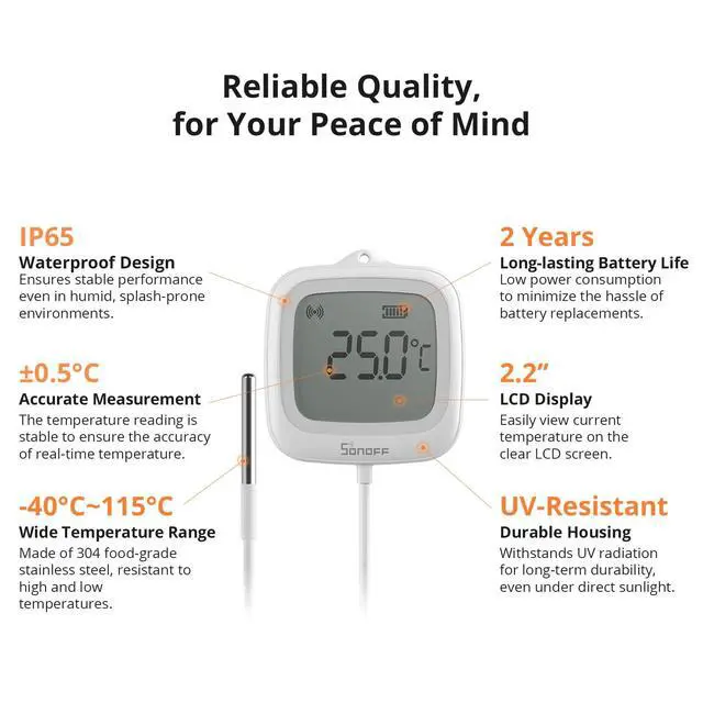 Alt view image 4 of 7 - SNZB-02LD Zigbee Waterproof Temperature Sensor with 1.5M Stainless Steel Probe, LCD Display, -40~115°C Range, APP Monitoring, Magnetic Mount, Works with Zigbee Hub
