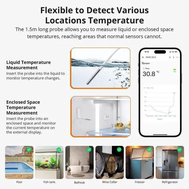 Alt view image 5 of 7 - SNZB-02LD Zigbee Waterproof Temperature Sensor with 1.5M Stainless Steel Probe, LCD Display, -40~115°C Range, APP Monitoring, Magnetic Mount, Works with Zigbee Hub