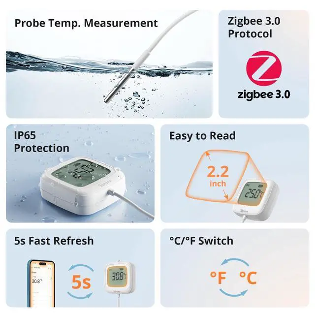 Alt view image 3 of 7 - SNZB-02LD Zigbee Waterproof Temperature Sensor with 1.5M Stainless Steel Probe, LCD Display, -40~115°C Range, APP Monitoring, Magnetic Mount, Works with Zigbee Hub