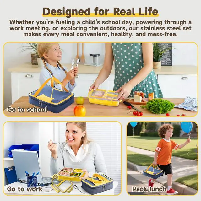 Alt view image 4 of 6 - Stainless Steel Bento Lunch Box Set with Spoon, Fork & Insulated Lunch Bag, 25oz Leakproof Bento Box for Adults & Kids, Ideal for School, Home, Office, Picnic & Healthy meal prep containers (yellow)
