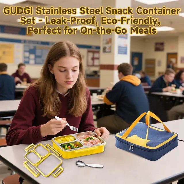 Alt view image 5 of 6 - Stainless Steel Bento Lunch Box Set with Spoon, Fork & Insulated Lunch Bag, 25oz Leakproof Bento Box for Adults & Kids, Ideal for School, Home, Office, Picnic & Healthy meal prep containers (yellow)