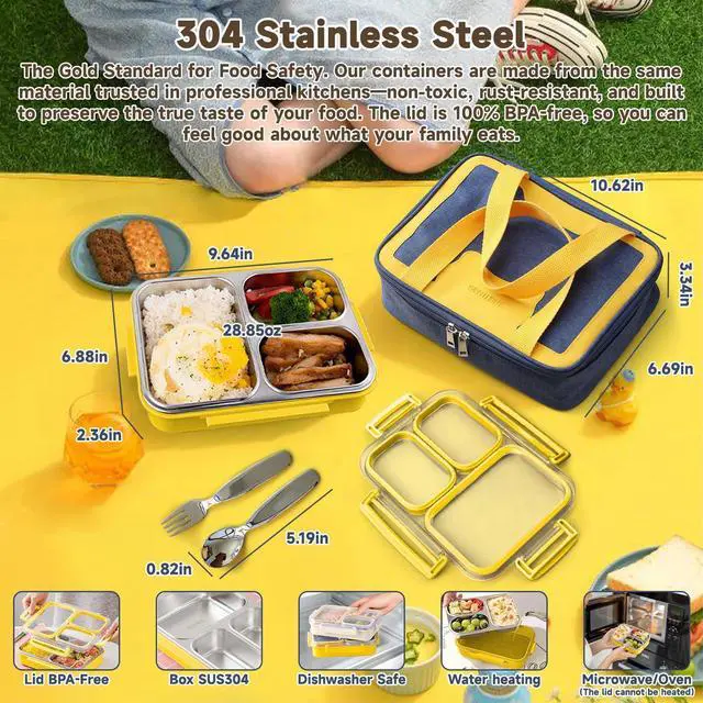 Main image of Stainless Steel Bento Lunch Box Set with Spoon, Fork & Insulated Lunch Bag, 25oz Leakproof Bento Box for Adults & Kids, Ideal for School, Home, Office, Picnic & Healthy meal prep containers (yellow)