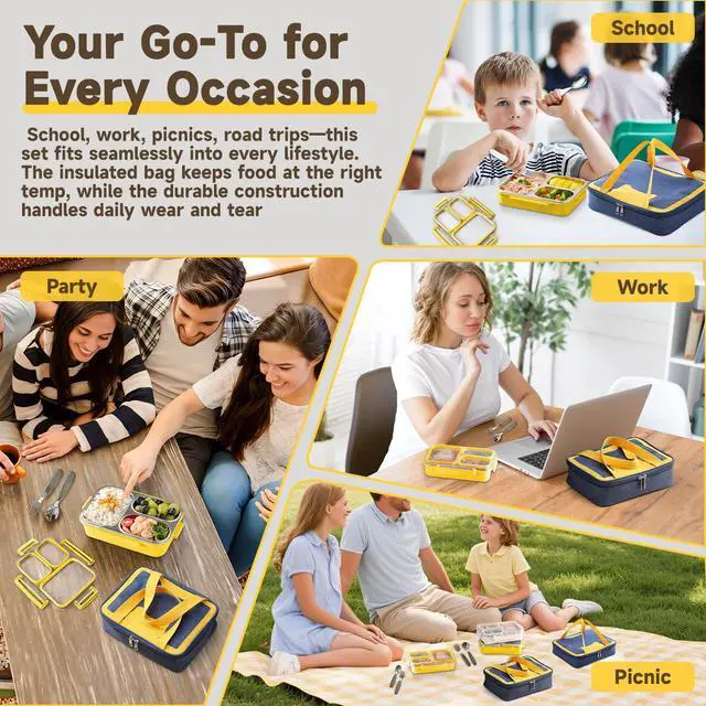 Alt view image 6 of 6 - Stainless Steel Bento Lunch Box Set with Spoon, Fork & Insulated Lunch Bag, 25oz Leakproof Bento Box for Adults & Kids, Ideal for School, Home, Office, Picnic & Healthy meal prep containers (yellow)