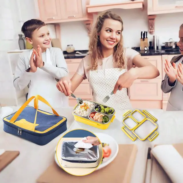 Alt view image 2 of 6 - Stainless Steel Bento Lunch Box Set with Spoon, Fork & Insulated Lunch Bag, 25oz Leakproof Bento Box for Adults & Kids, Ideal for School, Home, Office, Picnic & Healthy meal prep containers (yellow)