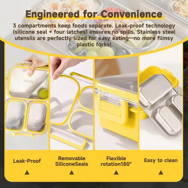 Alt view image 3 of 6 - Stainless Steel Bento Lunch Box Set with Spoon, Fork & Insulated Lunch Bag, 25oz Leakproof Bento Box for Adults & Kids, Ideal for School, Home, Office, Picnic & Healthy meal prep containers (yellow)