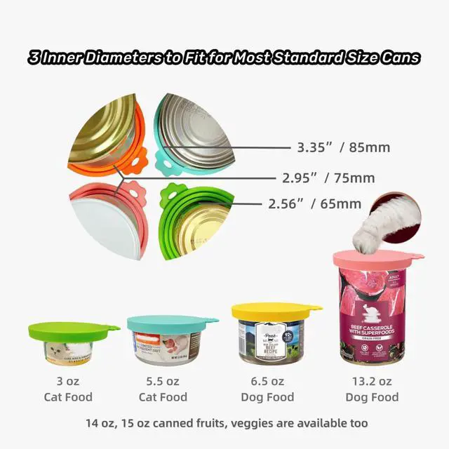 Alt view image 2 of 6 - Silicone Cat Dog Food Can Covers Lids, 3 Inner Diameters 2.6/3/3.4 Fit 3-15 oz Standard Cat Dog Food Cans/Tins, Multi-Size Canned Covers, BPA Free, Reusable(box set of 2 lids+1 spoon)