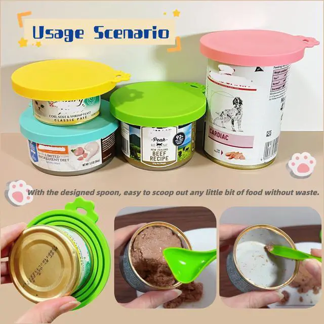 Alt view image 5 of 6 - Silicone Cat Dog Food Can Covers Lids, 3 Inner Diameters 2.6/3/3.4 Fit 3-15 oz Standard Cat Dog Food Cans/Tins, Multi-Size Canned Covers, BPA Free, Reusable(box set of 2 lids+1 spoon)