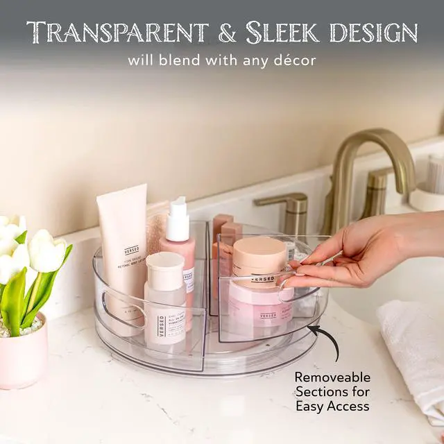Alt view image 5 of 7 - Lazy Susan Turntable - Clear Acrylic, Removable Sections, Rotates 360 Degrees. Easily Organize Your Fridge, Cabinet or Counter. Great Carousel Storage for Food, Spices, Cosmetics. (4-Sections)