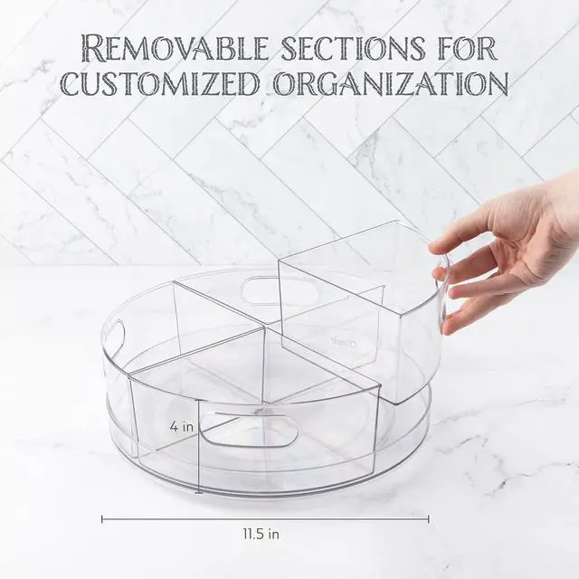 Alt view image 2 of 7 - Lazy Susan Turntable - Clear Acrylic, Removable Sections, Rotates 360 Degrees. Easily Organize Your Fridge, Cabinet or Counter. Great Carousel Storage for Food, Spices, Cosmetics. (4-Sections)