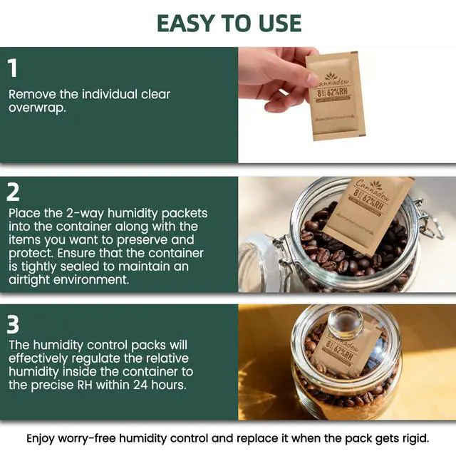 Alt view image 7 of 7 - 62% RH,8 Gram (10 pcs) Two-Way Humidity Control Packs, Kraft Paper Wrapped Moisture Balancer for Airtight Jars, Storage Bags & Containers